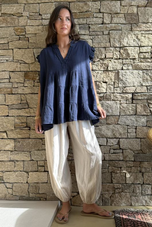 Tasha Cushion Cotton Cap Sleeve Tier Top Navy